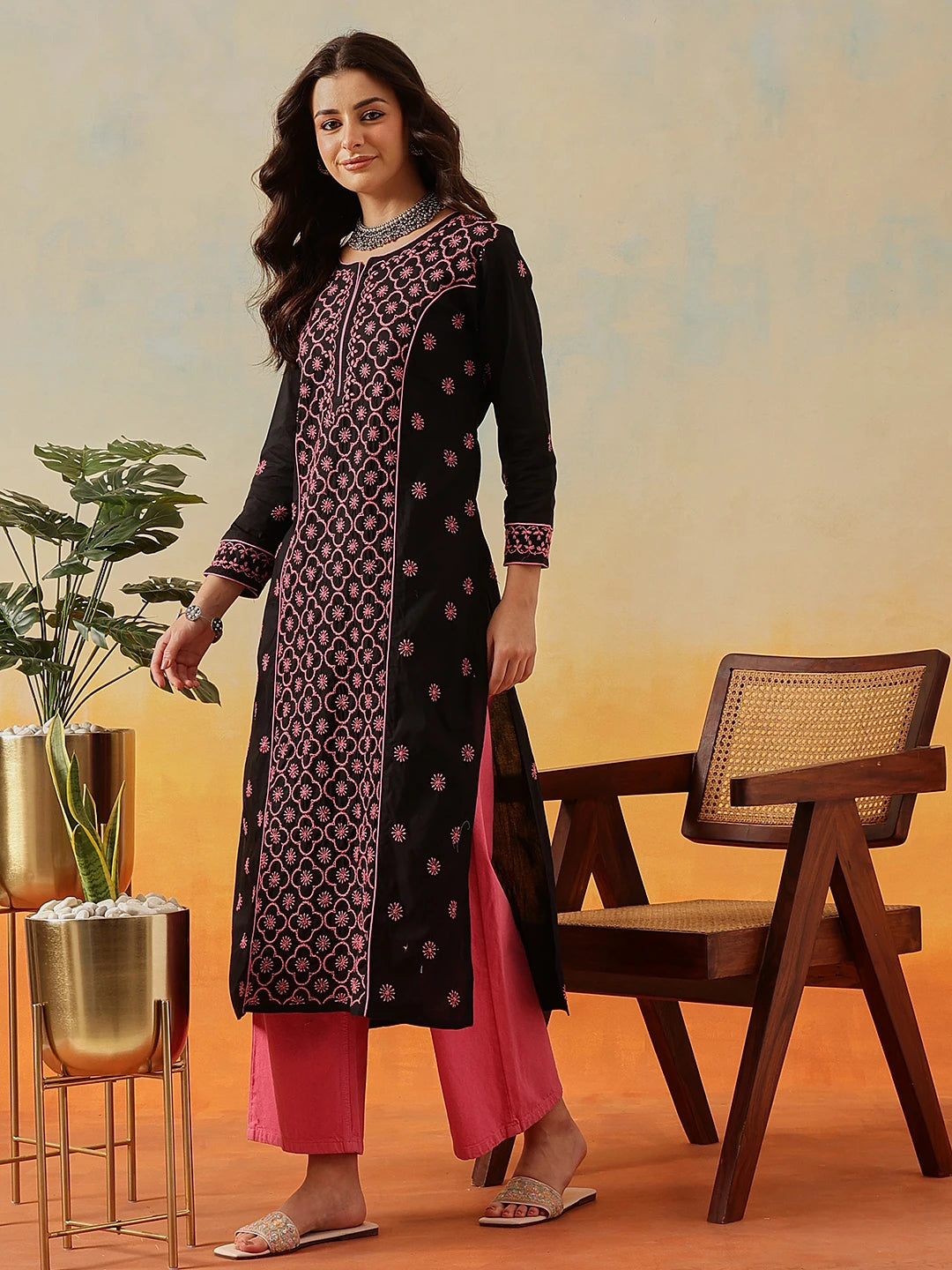 Ada Hand Embroidered Black Cotton Lucknowi Chikankari Straight Long Kurta A411508