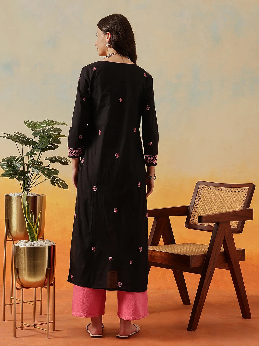 Ada Hand Embroidered Black Cotton Lucknowi Chikankari Straight Long Kurta A411508