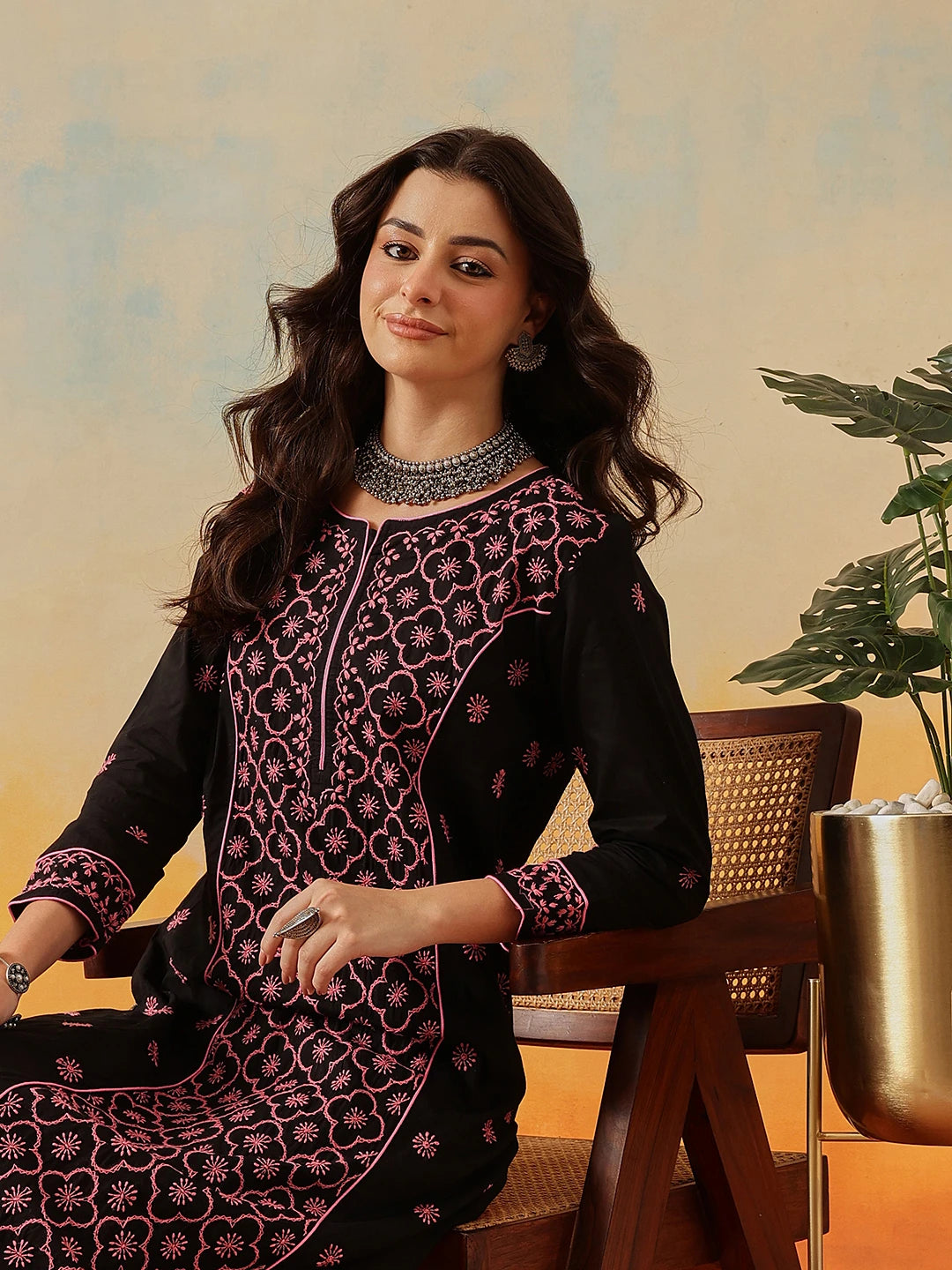 Ada Hand Embroidered Black Cotton Lucknowi Chikankari Straight Long Kurta A411508