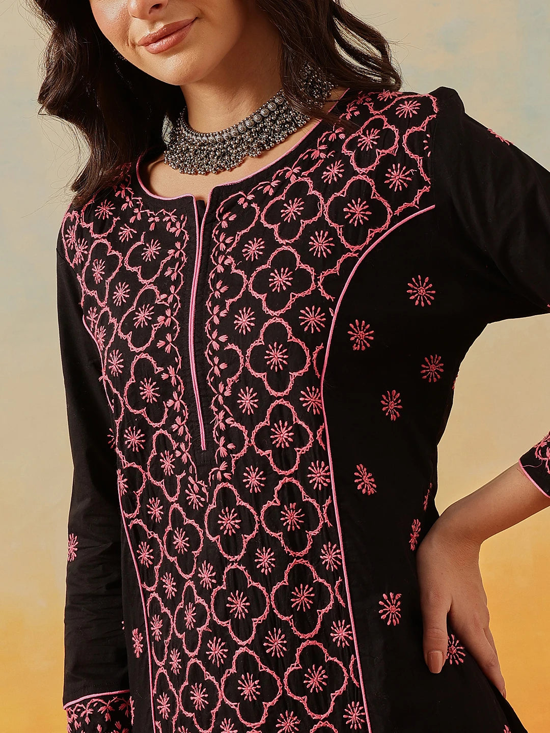 Ada Hand Embroidered Black Cotton Lucknowi Chikankari Straight Long Kurta A411508