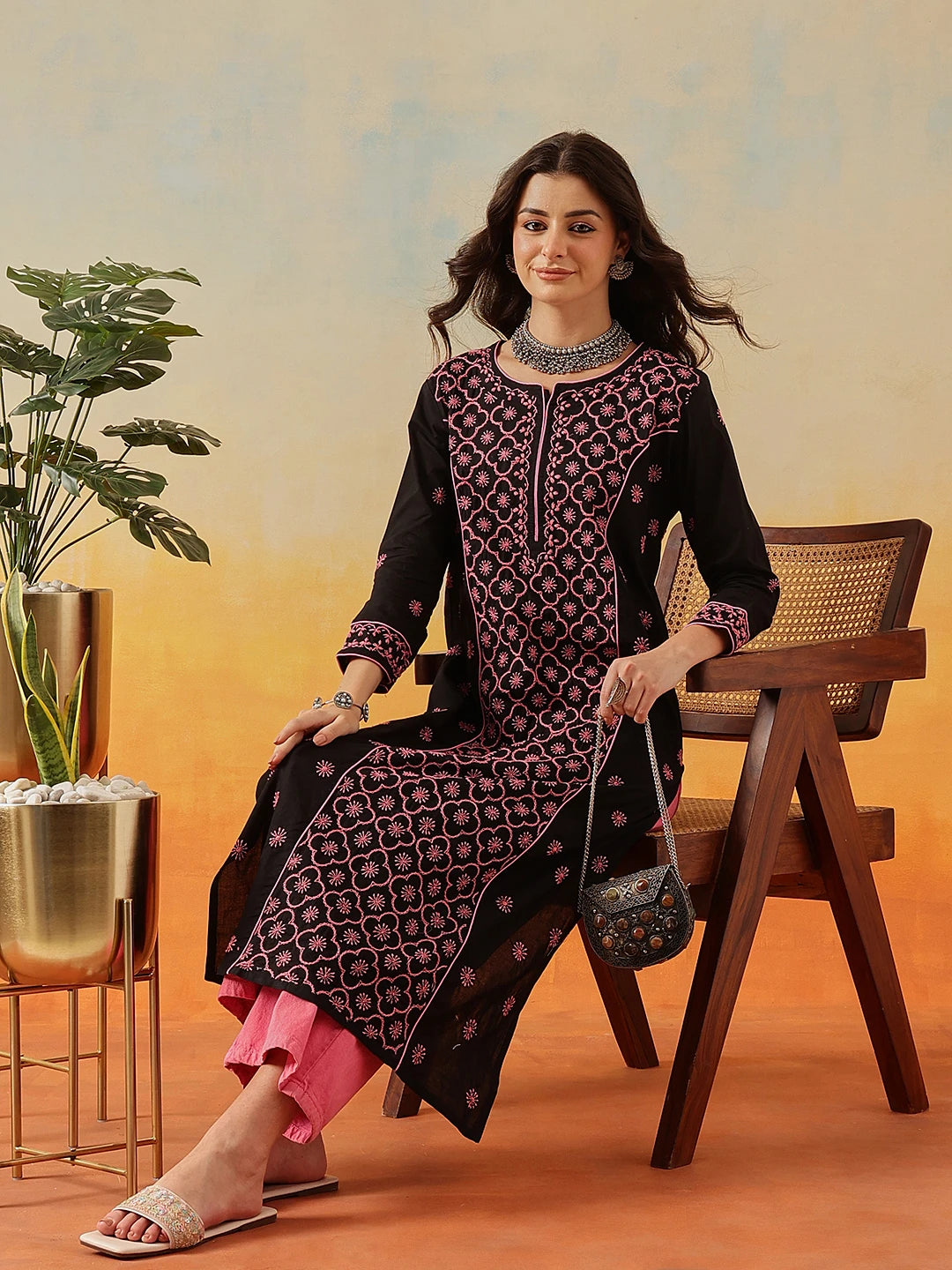 Ada Hand Embroidered Black Cotton Lucknowi Chikankari Straight Long Kurta A411508
