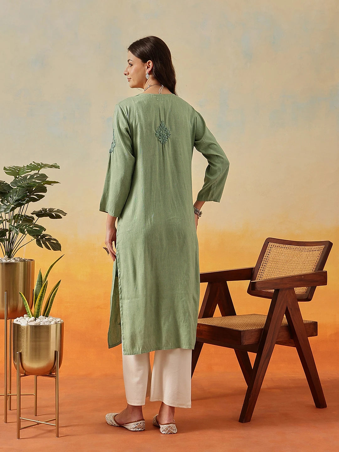Ada Hand Embroidered Pista Green Cotton Lucknowi Chikankari Straight Kurta A411569