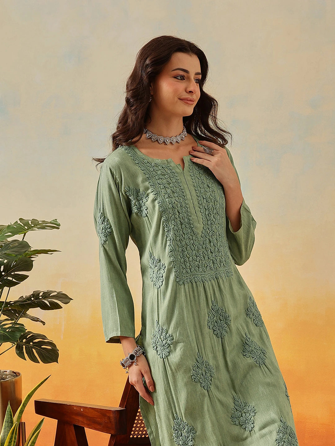 Ada Hand Embroidered Pista Green Cotton Lucknowi Chikankari Straight Kurta A411569
