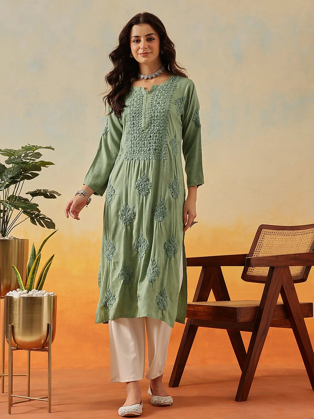 Ada Hand Embroidered Pista Green Cotton Lucknowi Chikankari Straight Kurta A411569