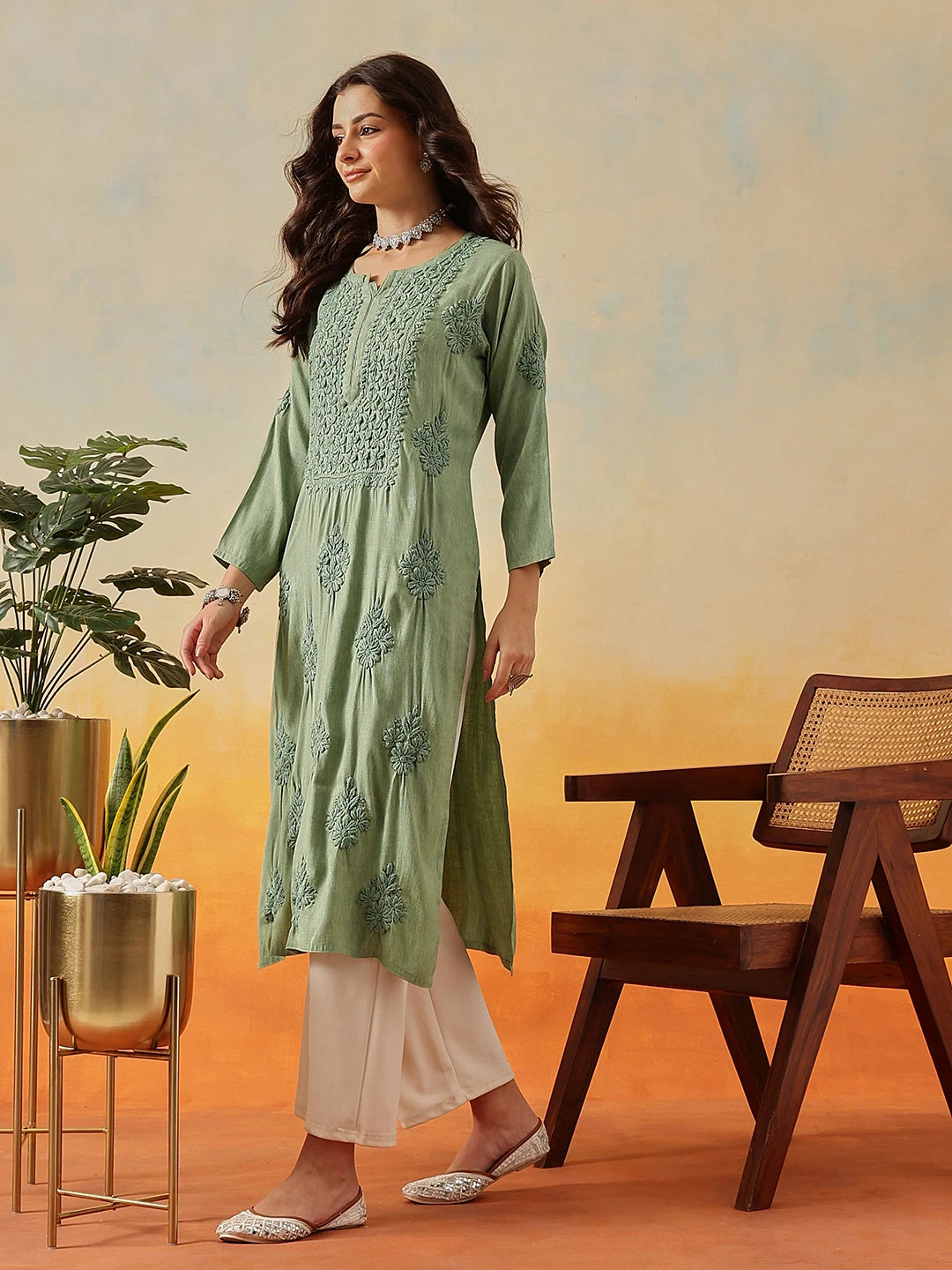 Ada Hand Embroidered Pista Green Cotton Lucknowi Chikankari Straight Kurta A411569