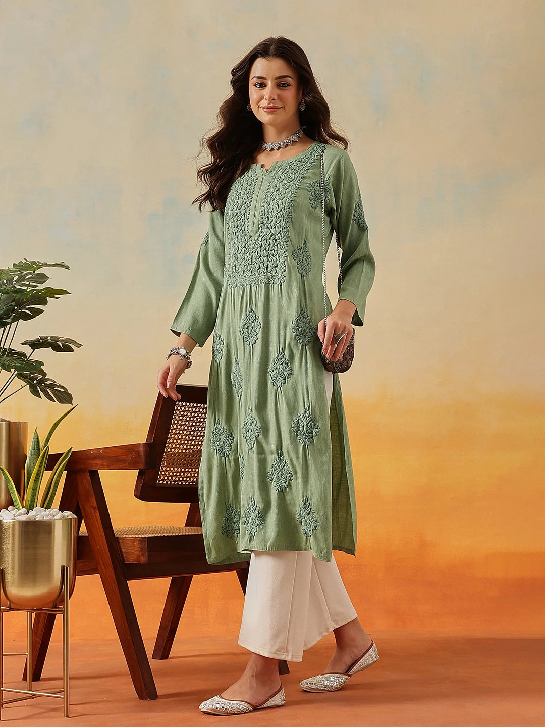 Ada Hand Embroidered Pista Green Cotton Lucknowi Chikankari Straight Kurta A411569
