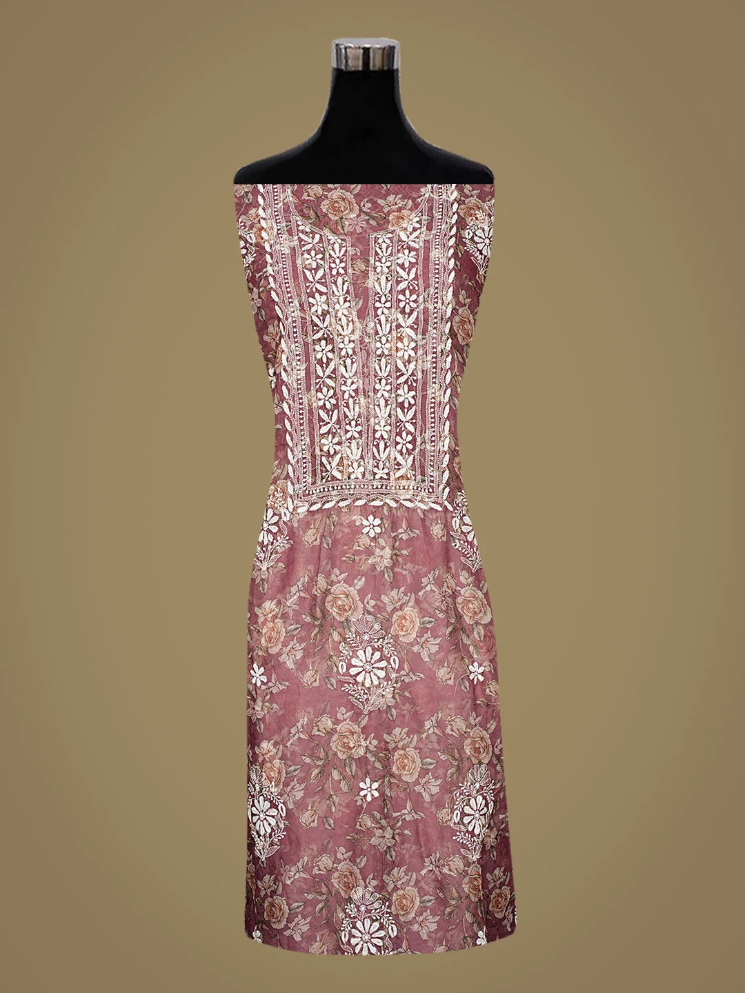 Ada Hand Embroidered Wine Floral Printed Organza Lucknowi Chikankari Unstitched Kurta Piece 01A833409