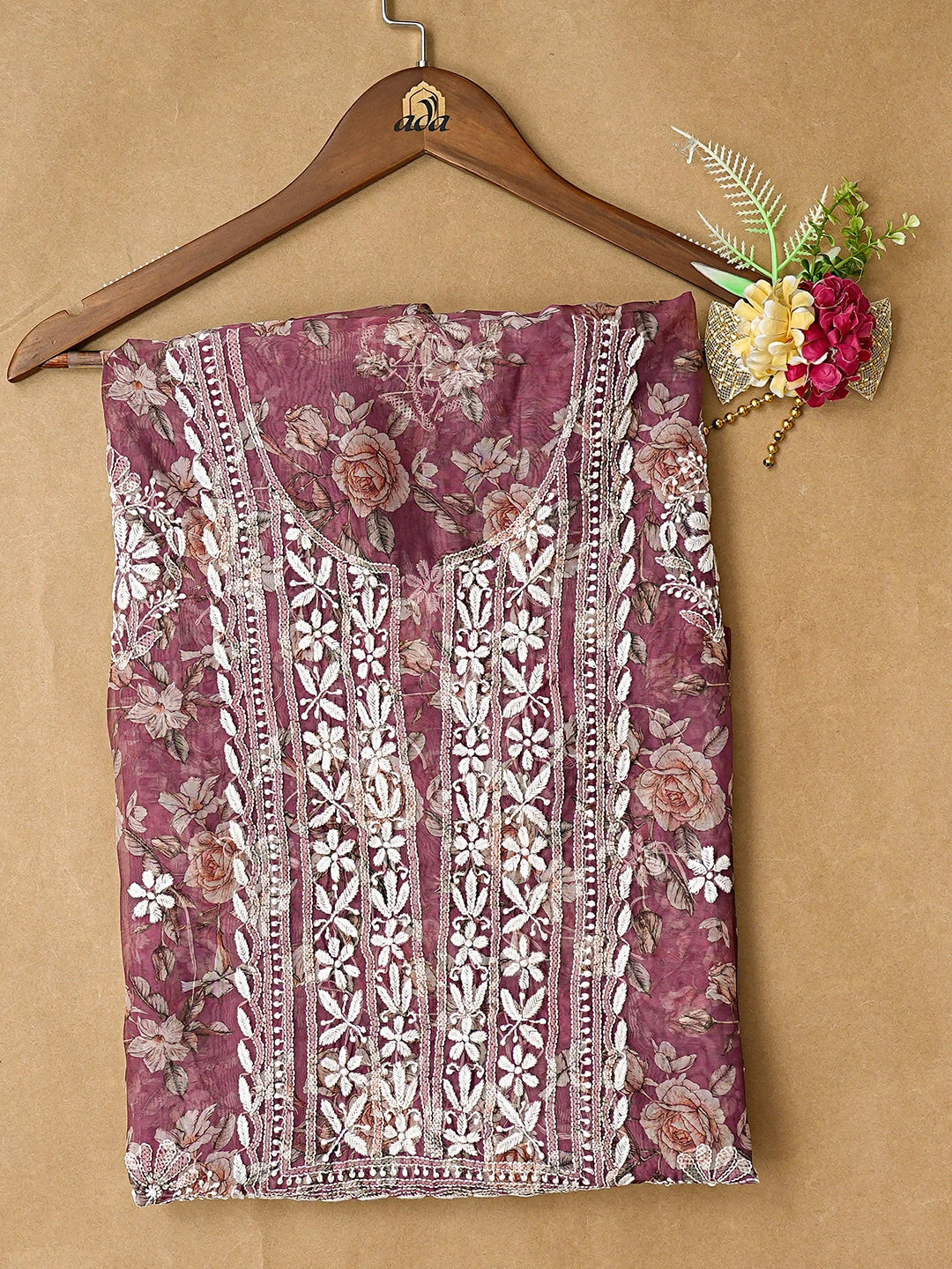 Ada Hand Embroidered Wine Floral Printed Organza Lucknowi Chikankari Unstitched Kurta Piece 01A833409