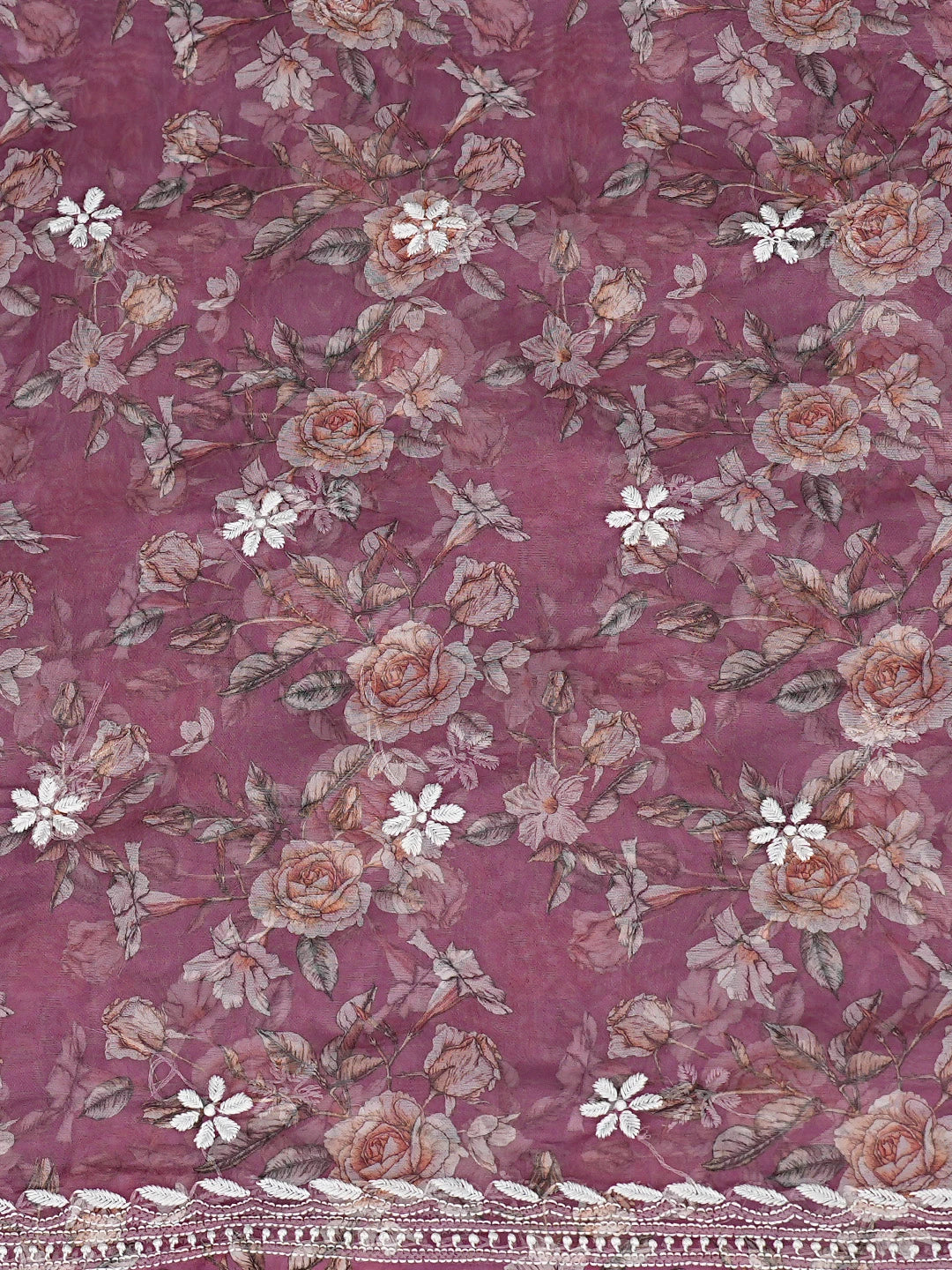 Ada Hand Embroidered Wine Floral Printed Organza Lucknowi Chikankari Unstitched Kurta Piece 01A833409