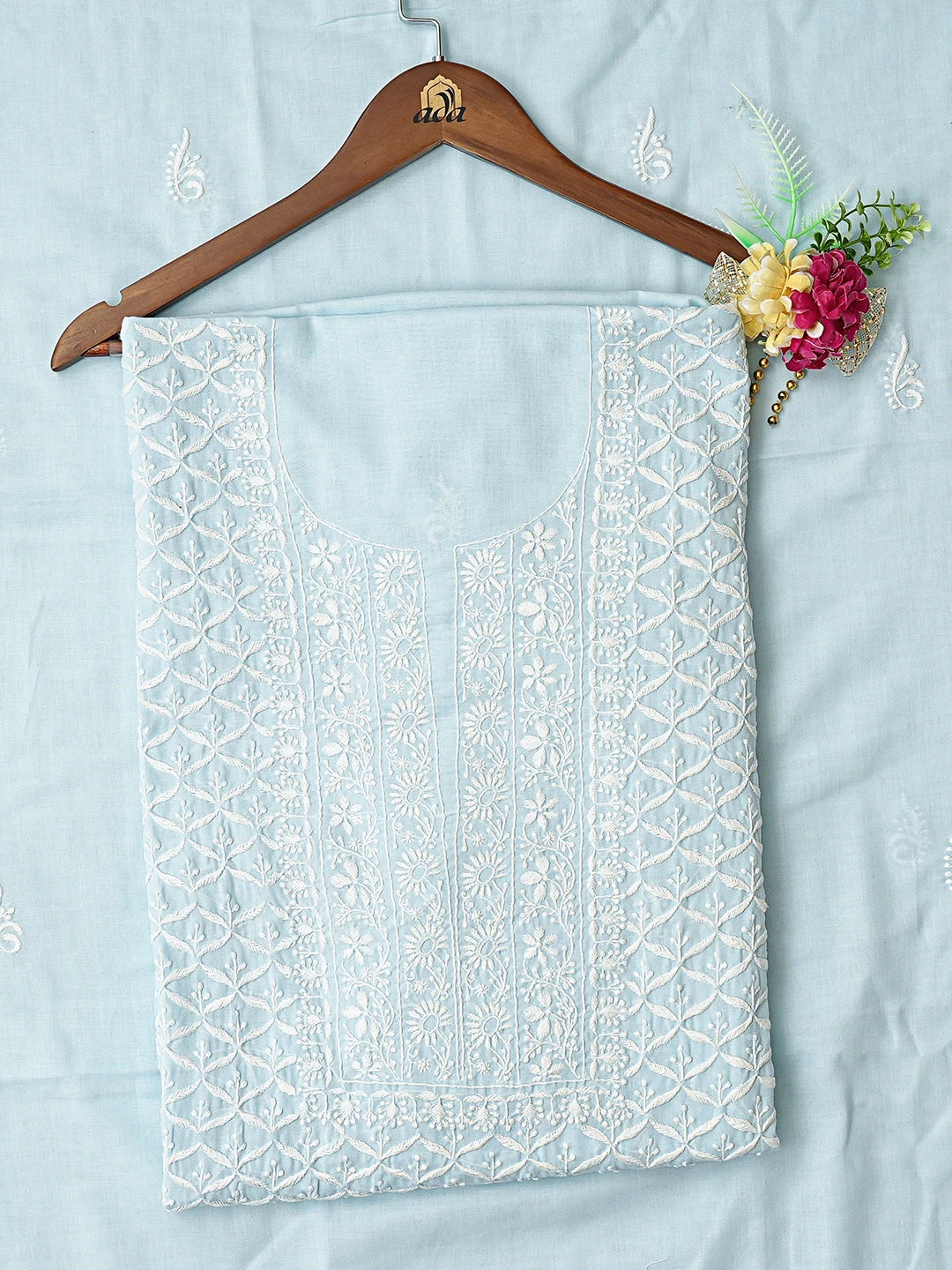 Ada Hand Embroidered Sky Blue Cotton Lucknowi Chikankari Unstitched Kurta Dupatta Set 01A800750
