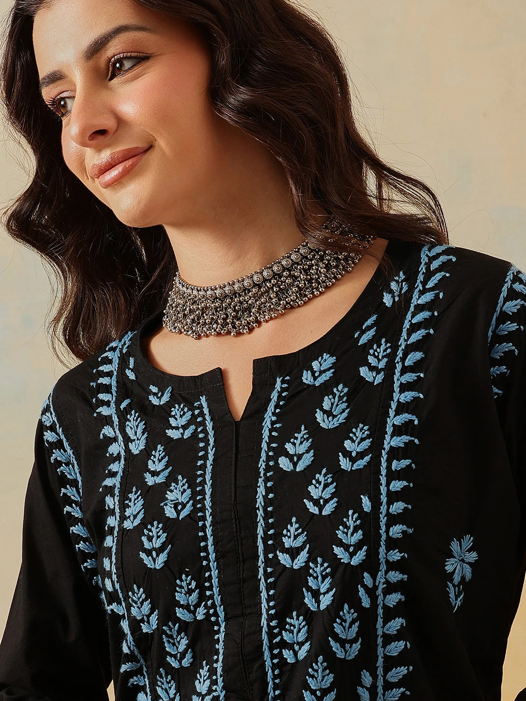 Ada Hand Embroidered Black Cotton Lucknowi Chikankari Straight Kurta A411783