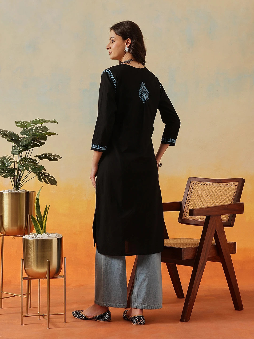 Ada Hand Embroidered Black Cotton Lucknowi Chikankari Straight Kurta A411783