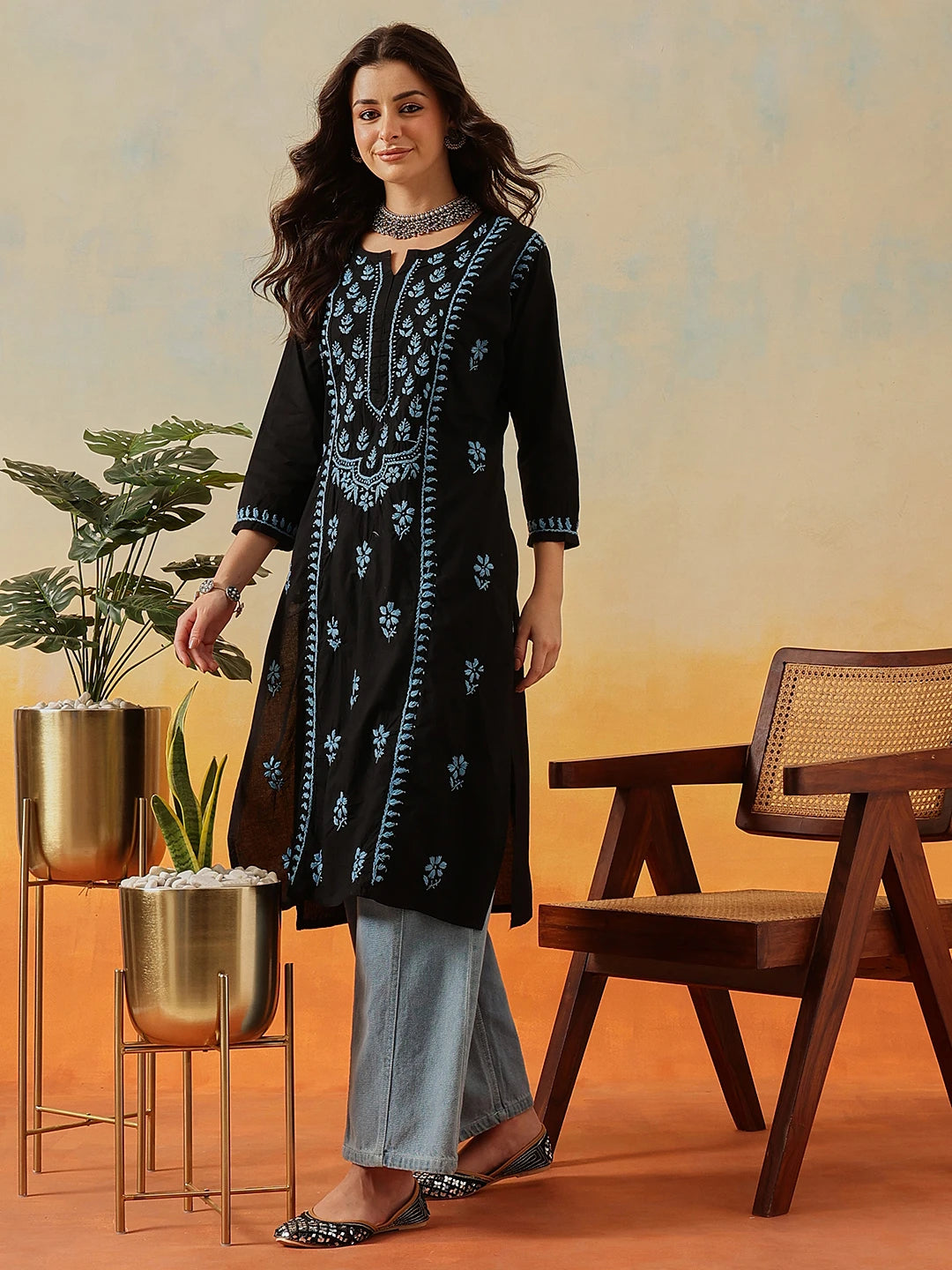 Ada Hand Embroidered Black Cotton Lucknowi Chikankari Straight Kurta A411783