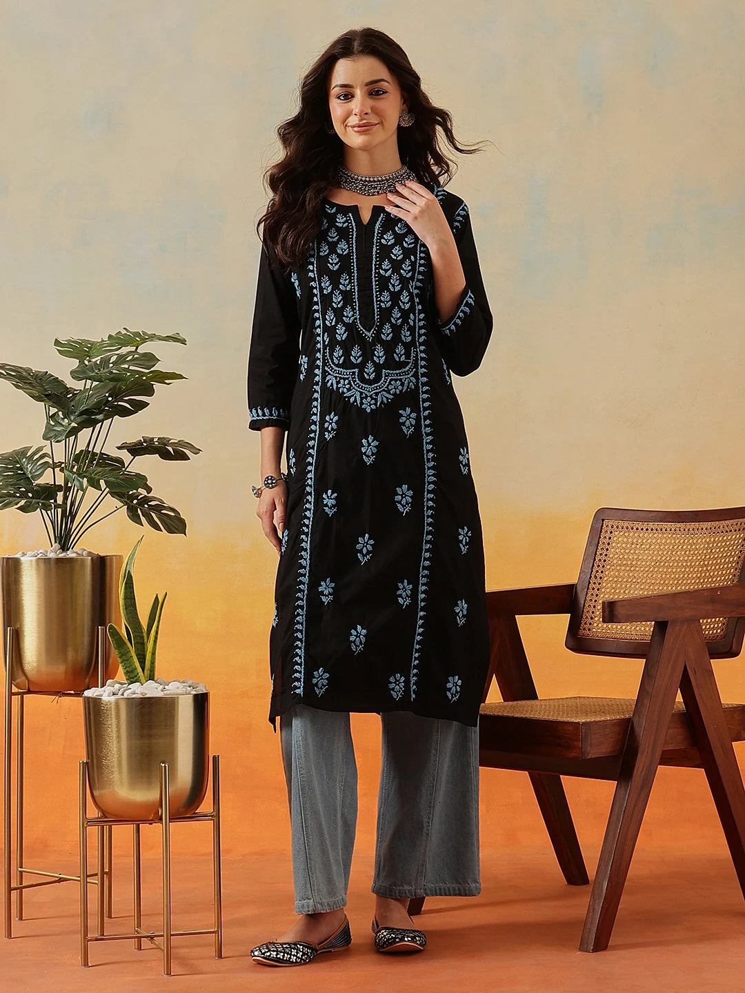 Ada Hand Embroidered Black Cotton Lucknowi Chikankari Straight Kurta A411783