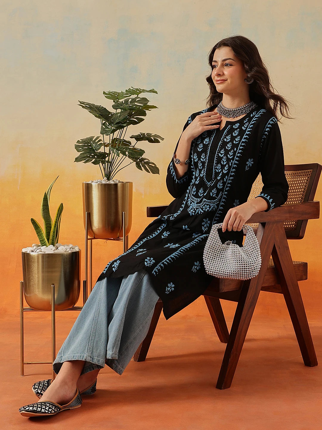Ada Hand Embroidered Black Cotton Lucknowi Chikankari Straight Kurta A411783