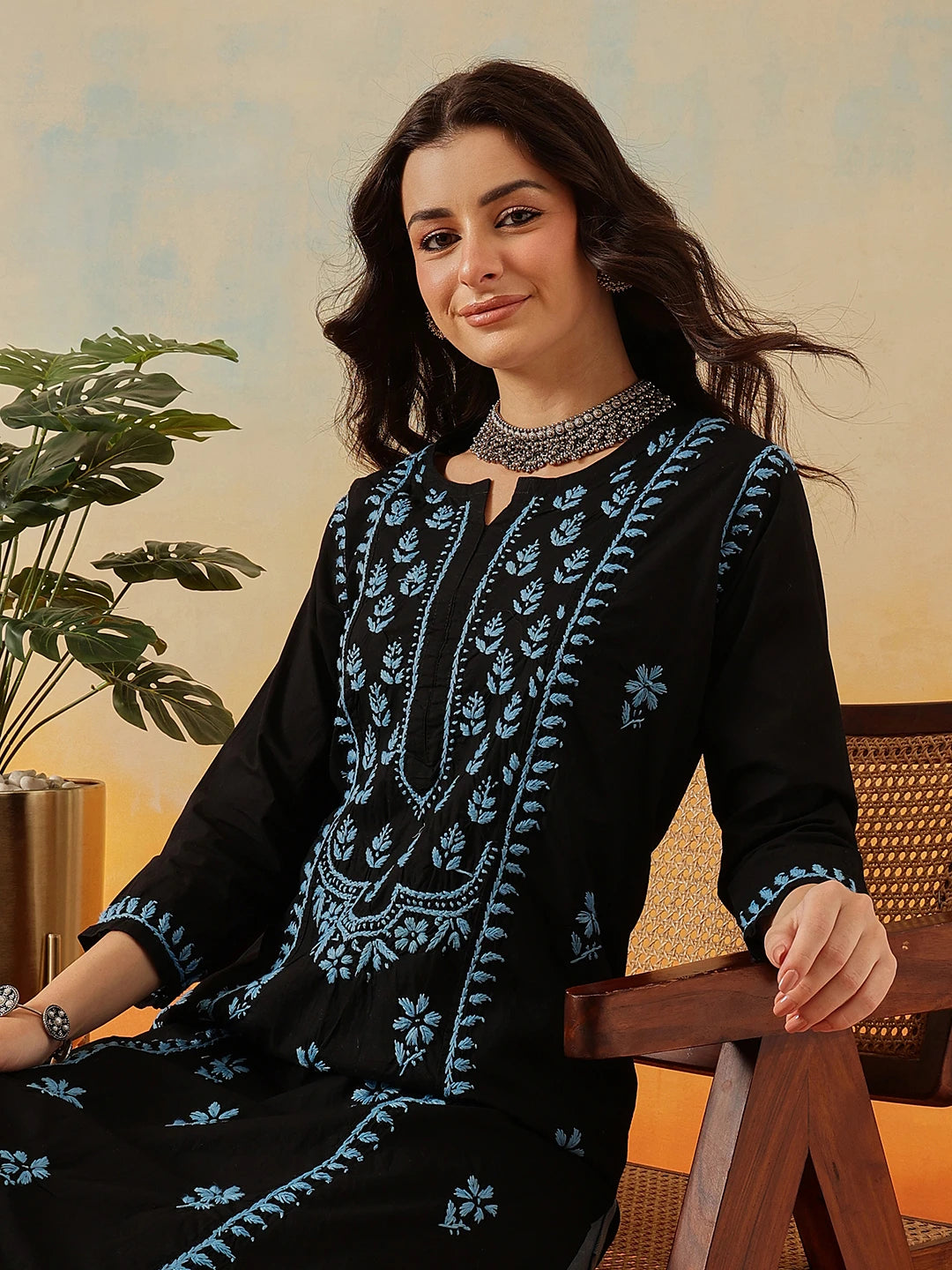 Ada Hand Embroidered Black Cotton Lucknowi Chikankari Straight Kurta A411783