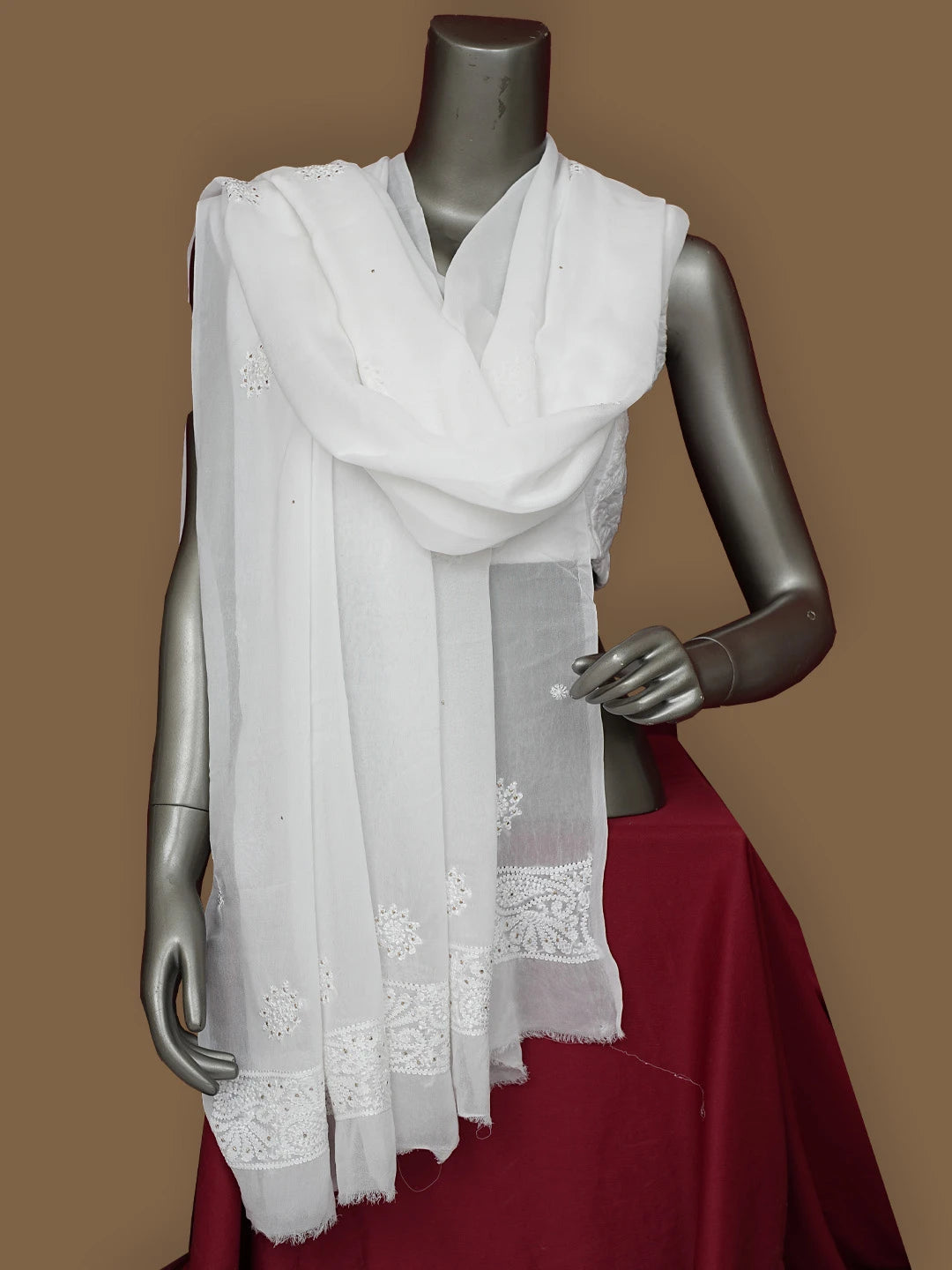 Ada Hand Embroidered White Viscose Georgette Lucknowi Chikankari Dupatta With Mukaish Work 01A834606