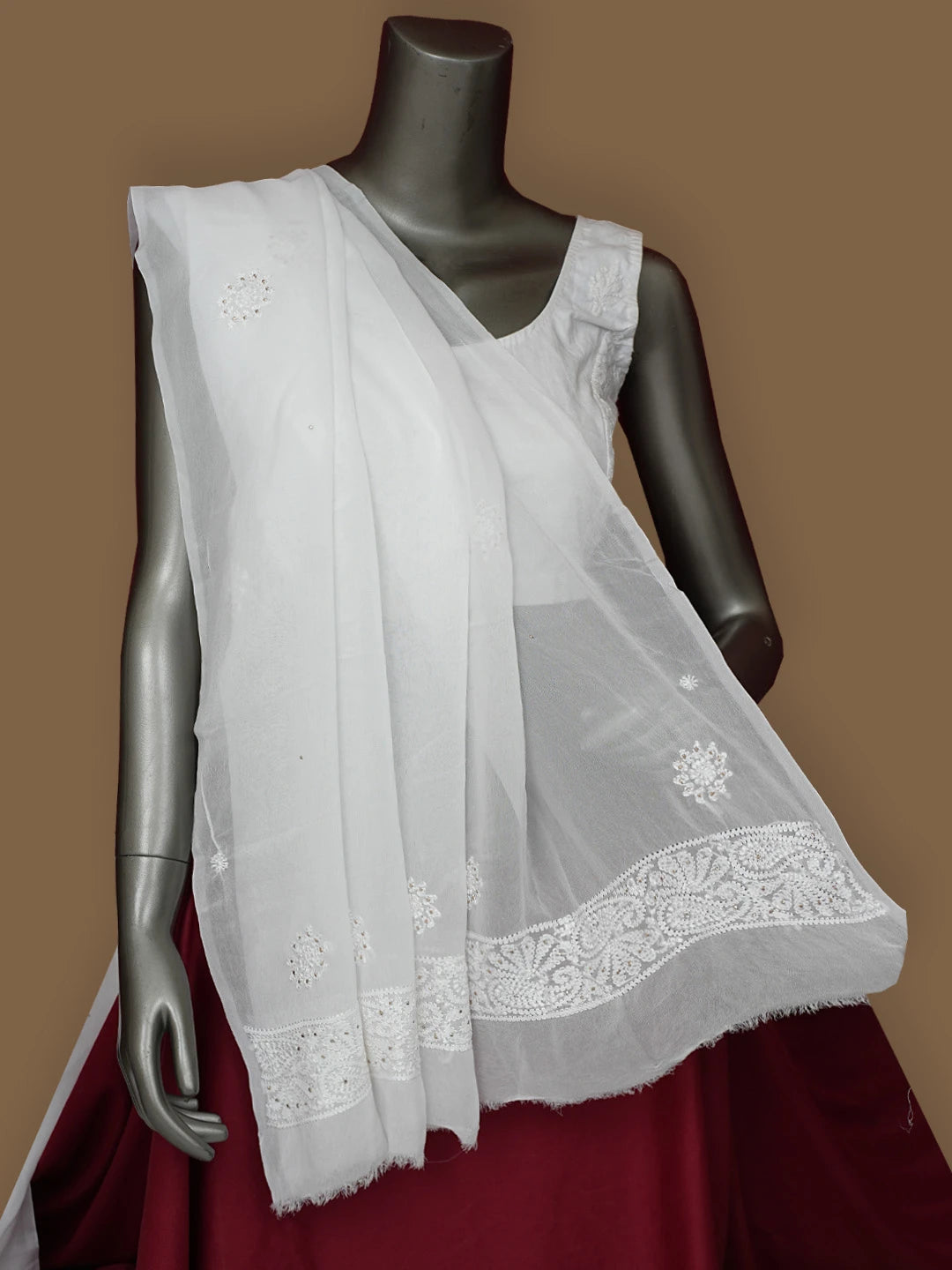 Ada Hand Embroidered White Viscose Georgette Lucknowi Chikankari Dupatta With Mukaish Work 01A834606