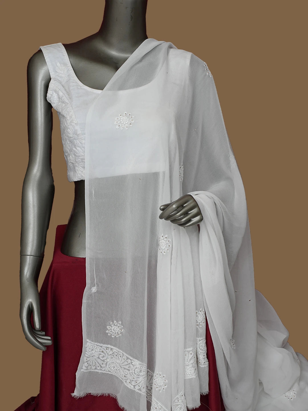 Ada Hand Embroidered White Viscose Georgette Lucknowi Chikankari Dupatta With Mukaish Work 01A834606