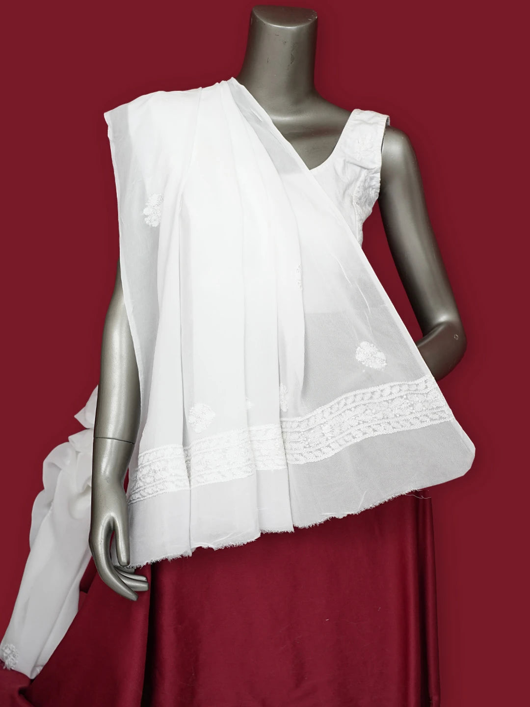 Ada Hand Embroidered White Viscose Georgette Lucknowi Chikankari Dupatta 01A834627