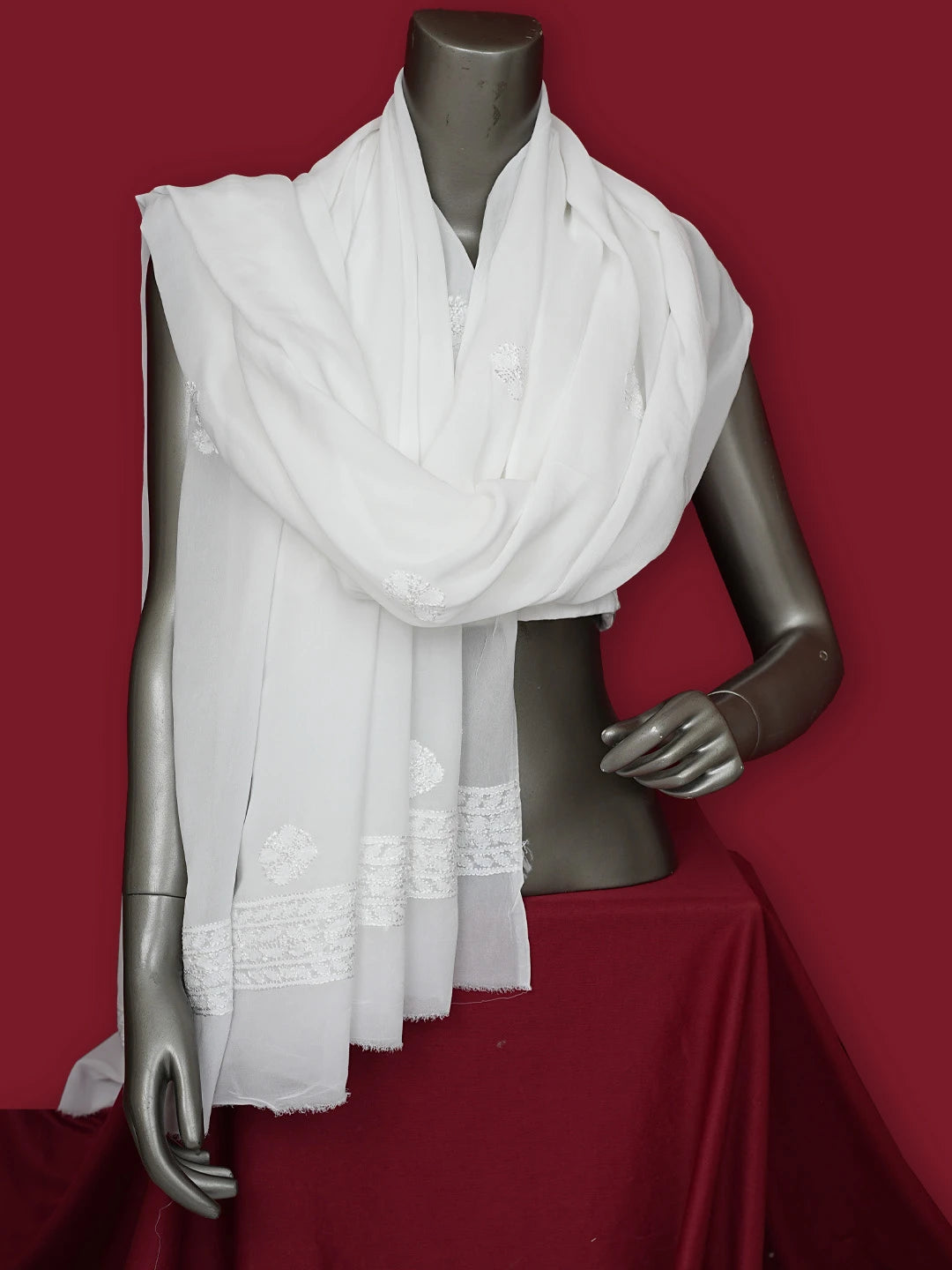 Ada Hand Embroidered White Viscose Georgette Lucknowi Chikankari Dupatta 01A834627