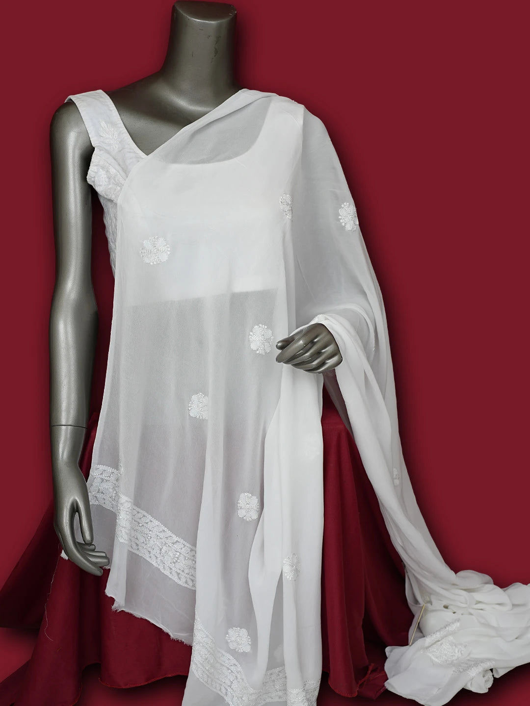 Ada Hand Embroidered White Viscose Georgette Lucknowi Chikankari Dupatta 01A834627