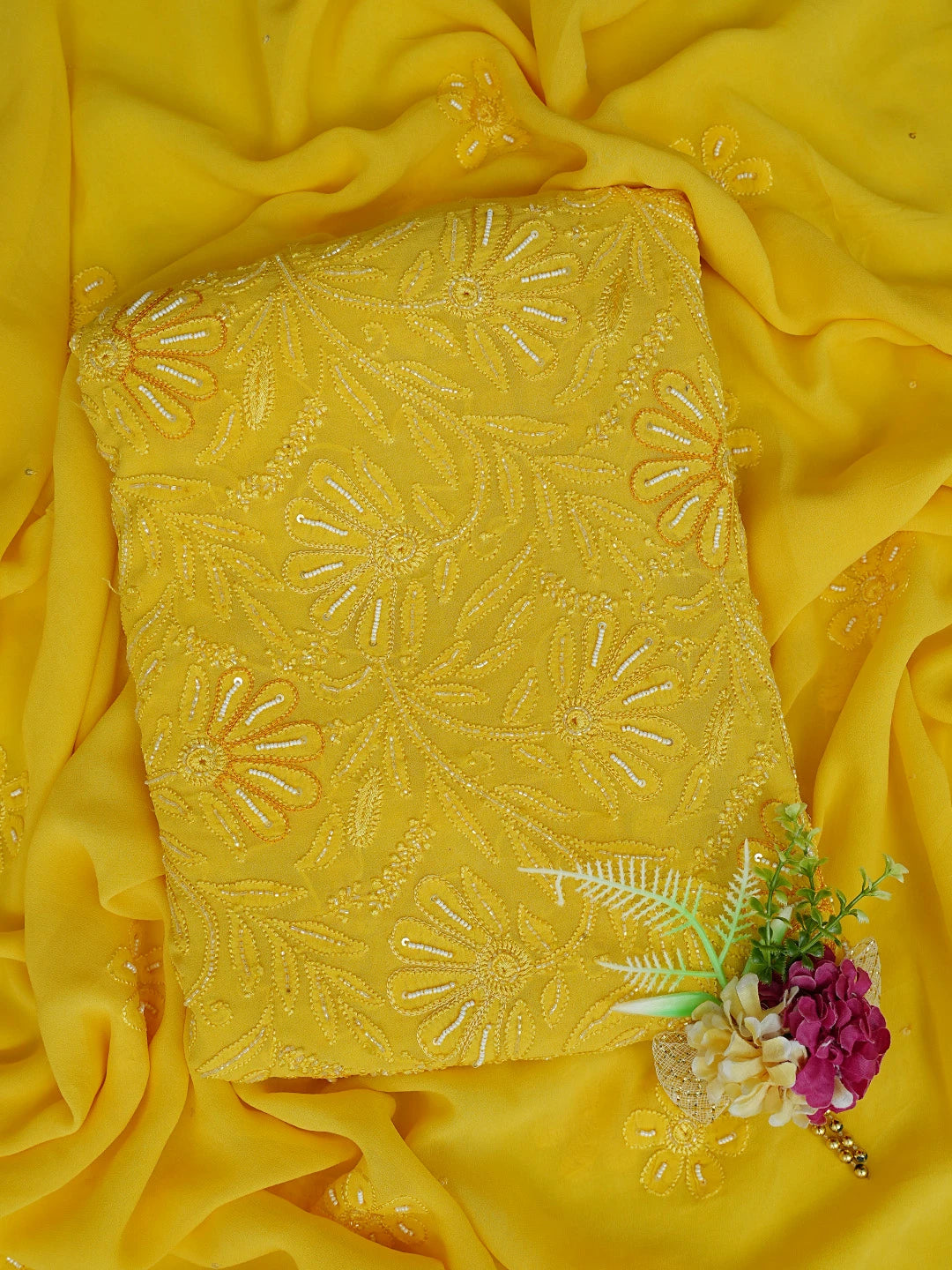 Ada Hand Embroidered Yellow Viscose Georgette Lucknowi Chikankari Unstitched Kurta Dupatta Set With Cutdana Work 01A354579