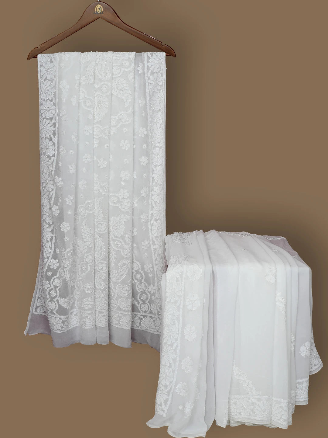 Ada Hand Embroidered White Viscose Georgette Lucknowi Chikankari Saree With Blouse 01A833473