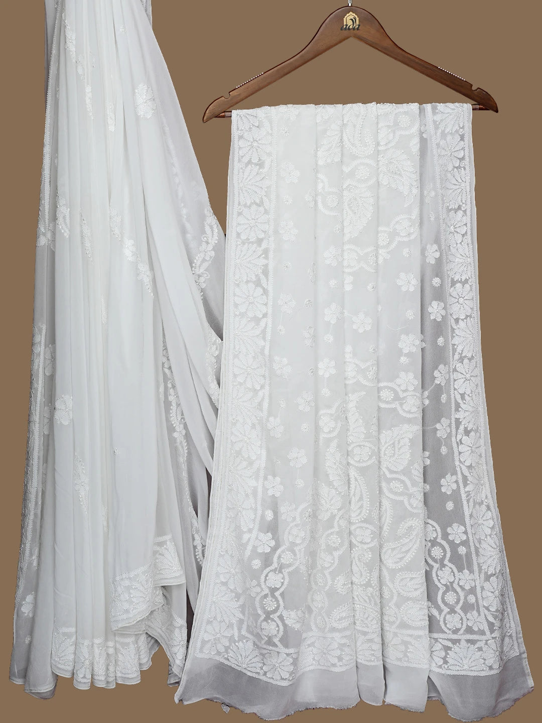 Ada Hand Embroidered White Viscose Georgette Lucknowi Chikankari Saree With Blouse 01A833473