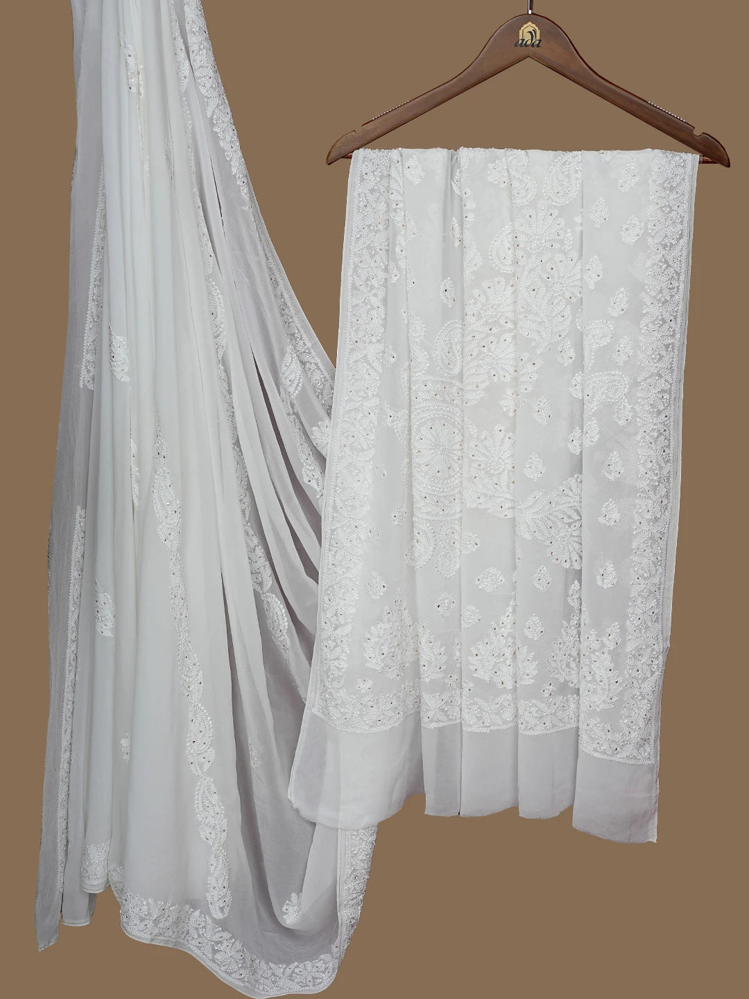 Ada Hand Embroidered White Viscose Georgette Lucknowi Chikankari Saree With Blouse With Mukaish Work 01A833494