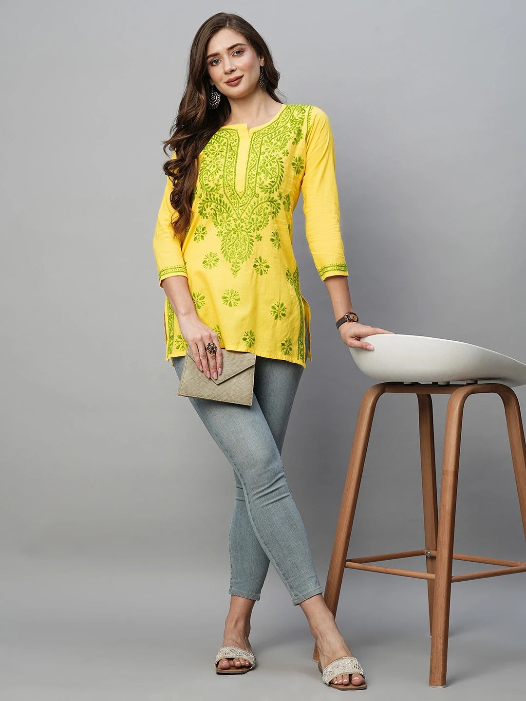 Ada Hand Embroidered Yellow Cotton Lucknowi Chikankari Short Kurti A911199