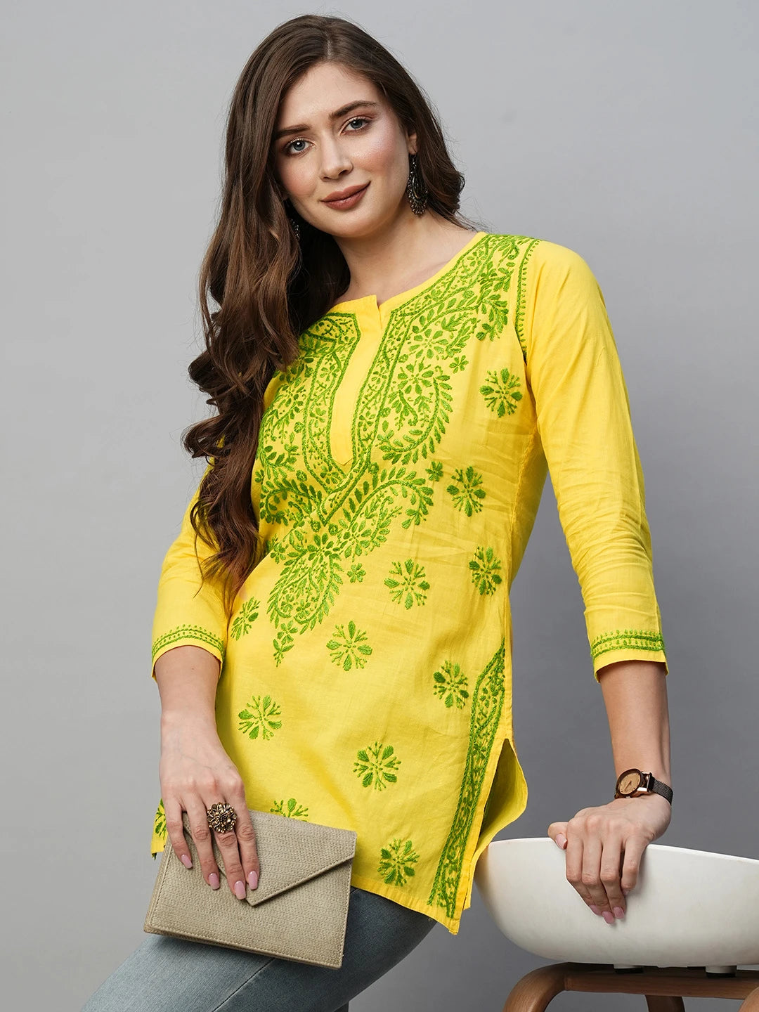 Ada Hand Embroidered Yellow Cotton Lucknowi Chikankari Short Kurti A911199
