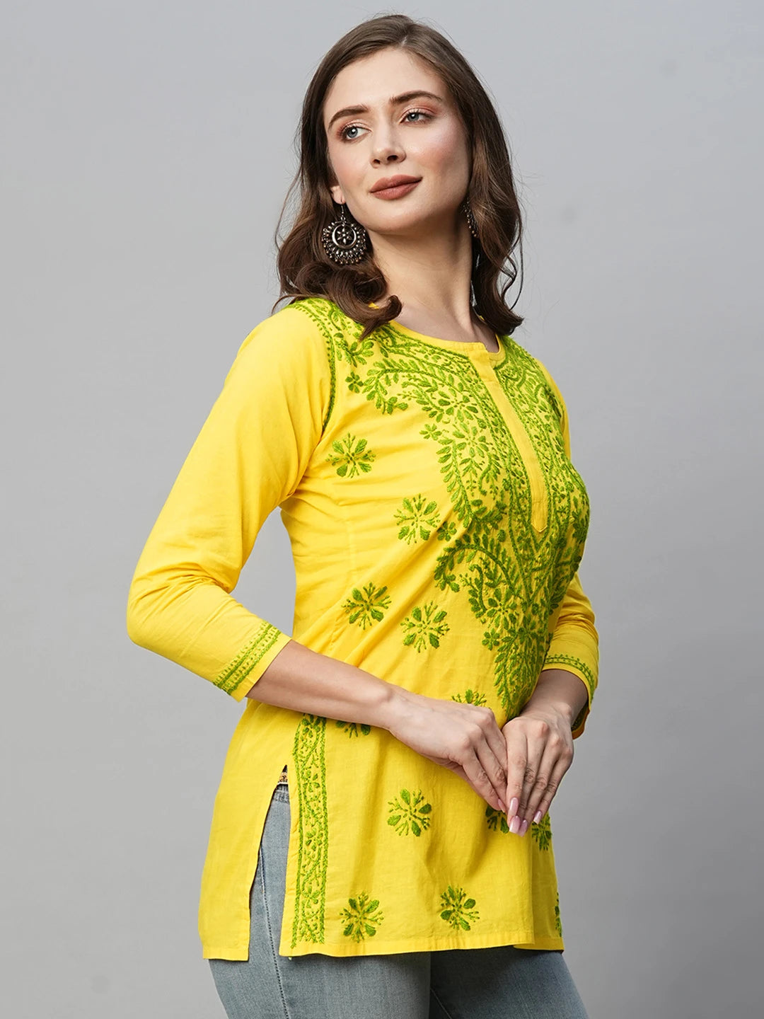 Ada Hand Embroidered Yellow Cotton Lucknowi Chikankari Short Kurti A911199