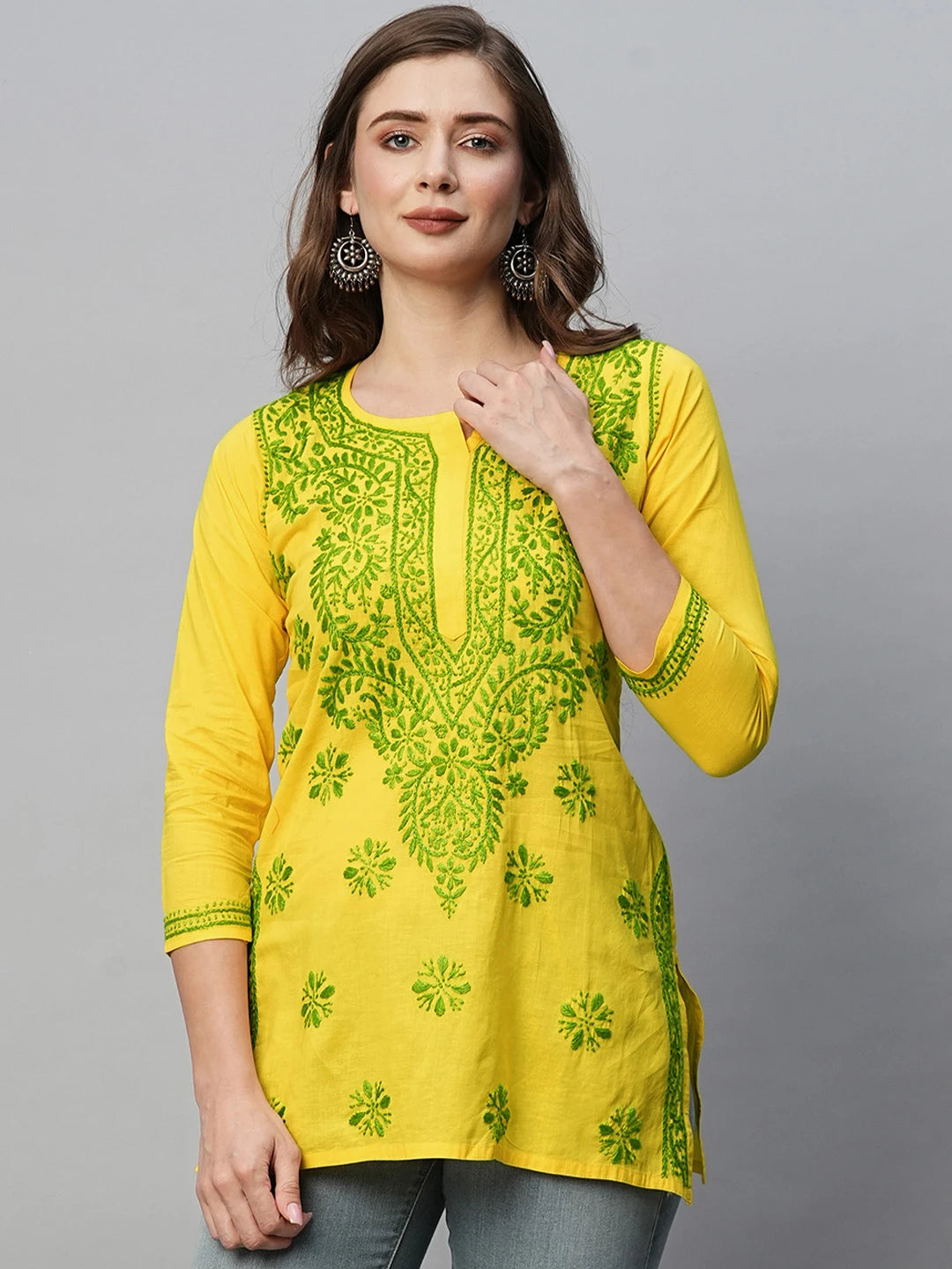 Ada Hand Embroidered Yellow Cotton Lucknowi Chikankari Short Kurti A911199