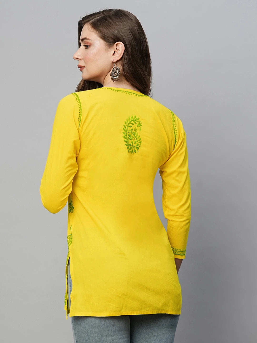 Ada Hand Embroidered Yellow Cotton Lucknowi Chikankari Short Kurti A911199