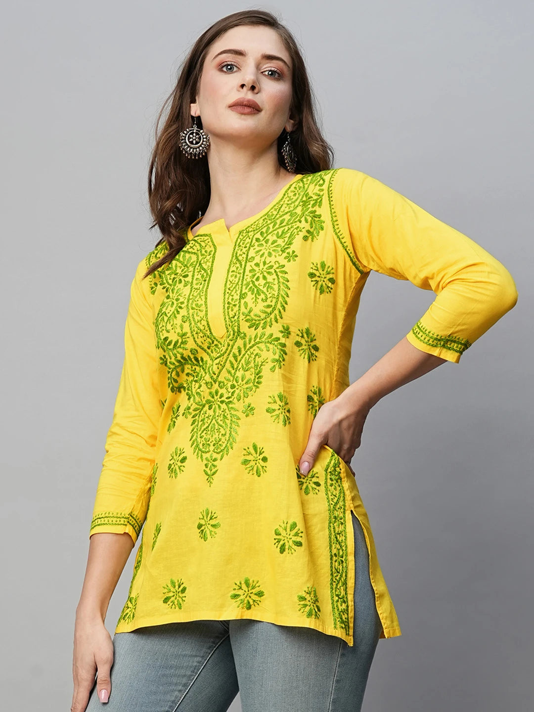 Ada Hand Embroidered Yellow Cotton Lucknowi Chikankari Short Kurti A911199