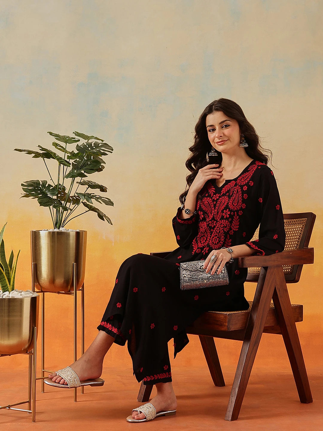 Ada Hand Embroidered Black Modal Lucknowi Chikankari Kurta Set A811334
