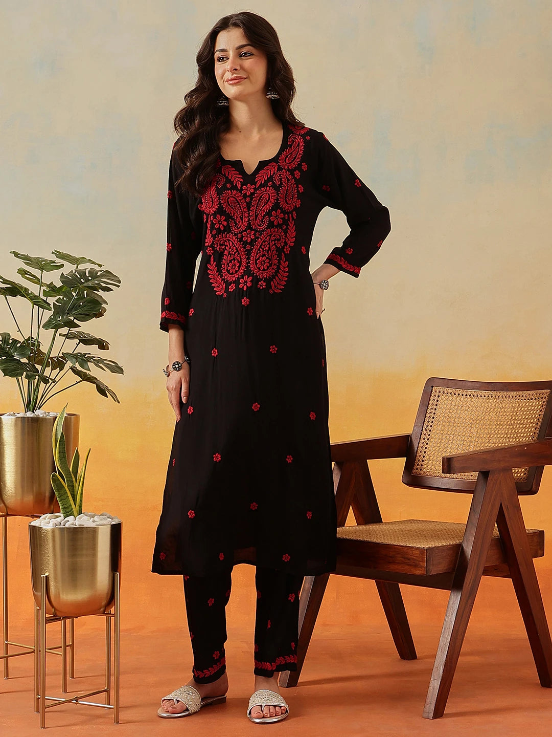 Ada Hand Embroidered Black Modal Lucknowi Chikankari Kurta Set A811334
