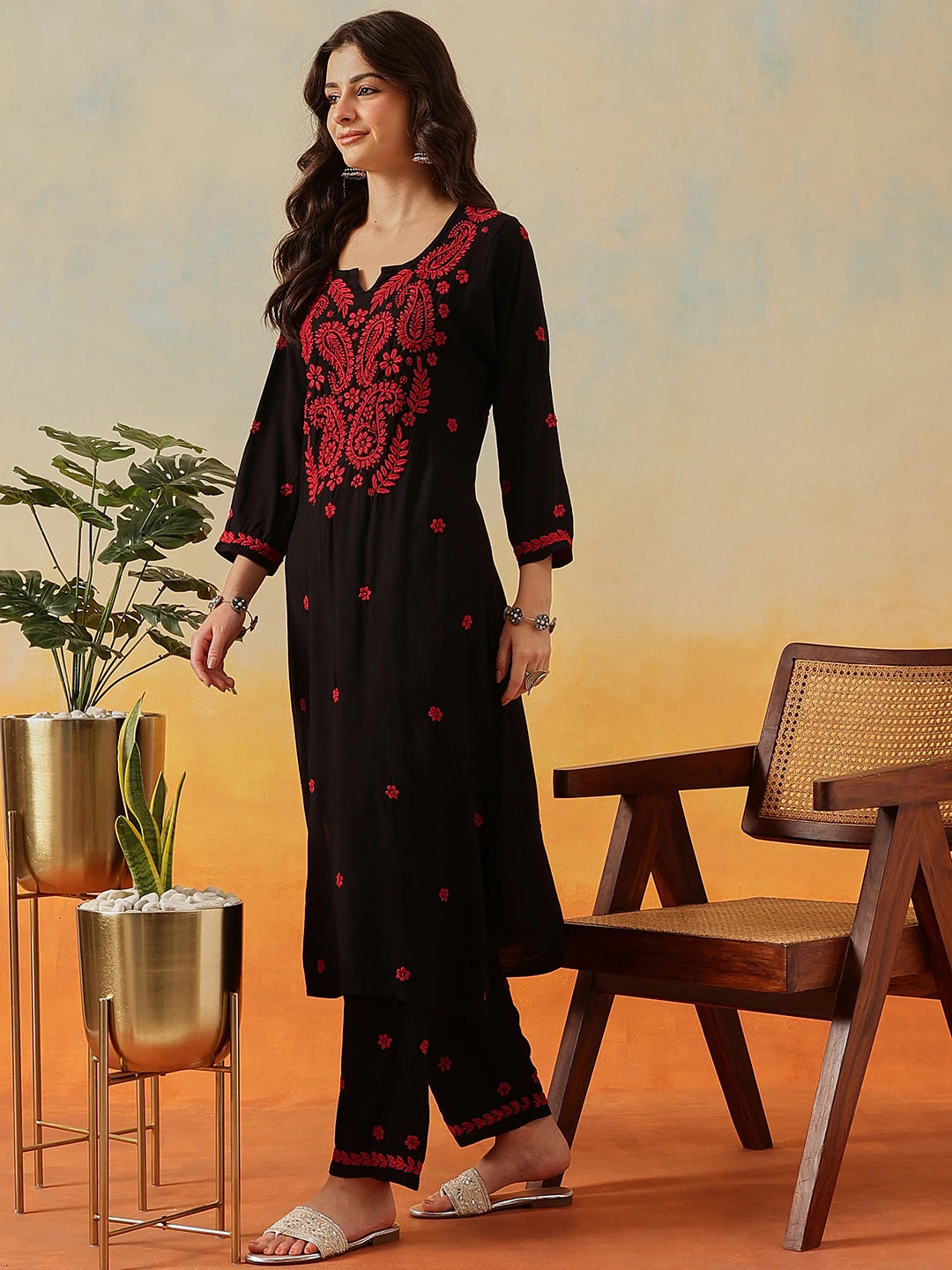 Ada Hand Embroidered Black Modal Lucknowi Chikankari Kurta Set A811334
