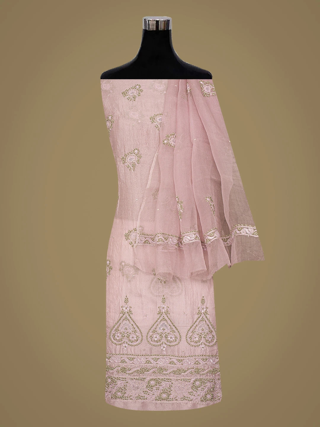Ada Hand Embroidered Dusty Pink Organza Lucknowi Chikankari Unstitched Kurta Dupatta Set With Cutdana Work 01A708312