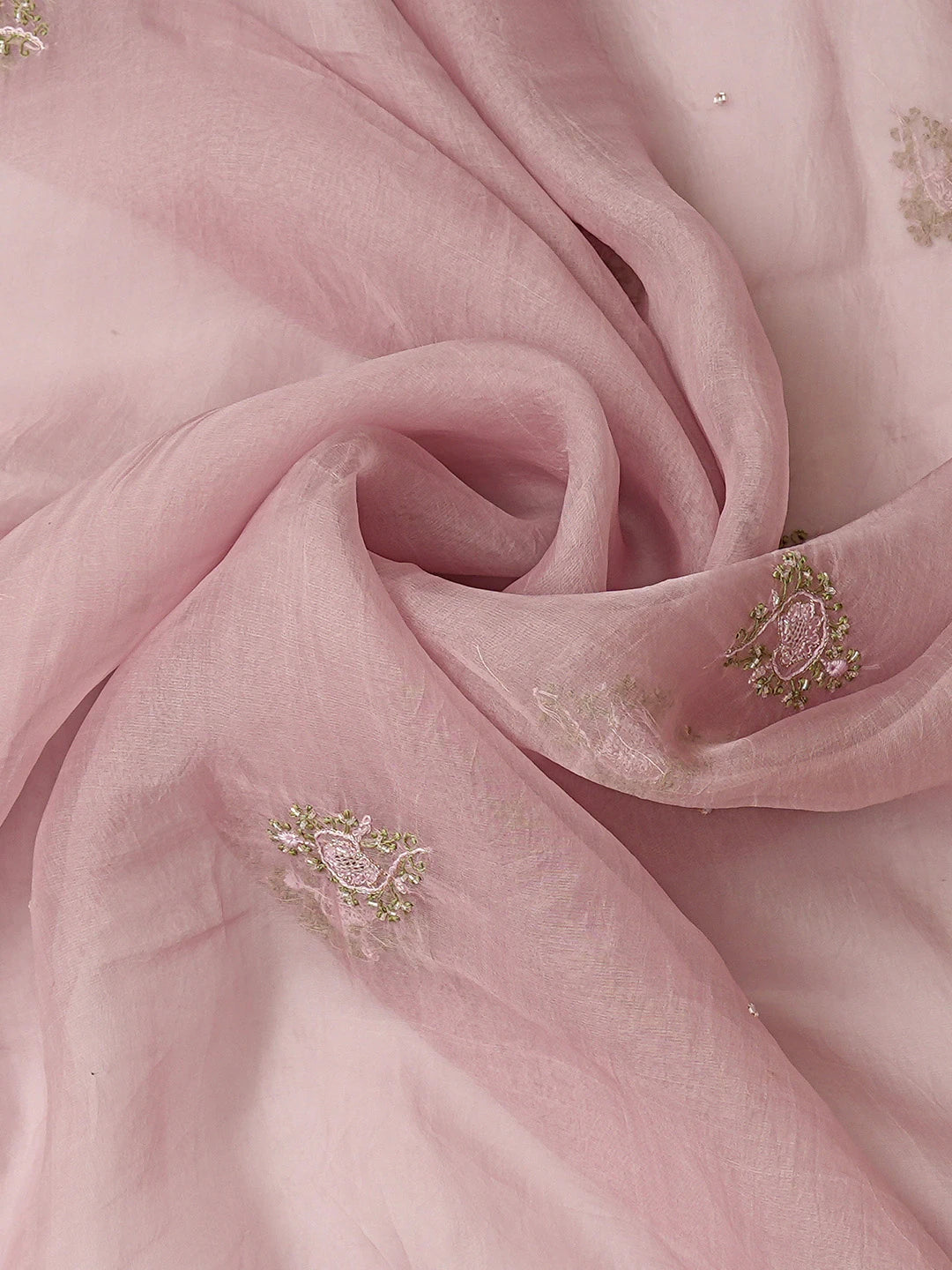 Ada Hand Embroidered Dusty Pink Organza Lucknowi Chikankari Unstitched Kurta Dupatta Set With Cutdana Work 01A708312