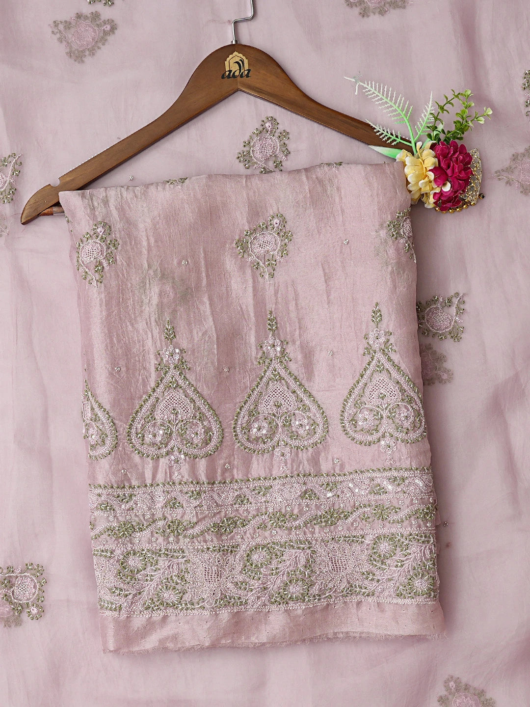Ada Hand Embroidered Dusty Pink Organza Lucknowi Chikankari Unstitched Kurta Dupatta Set With Cutdana Work 01A708312