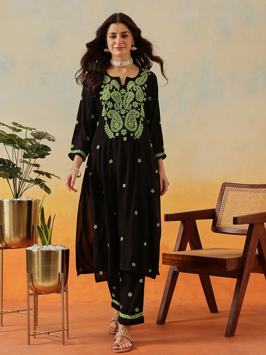 Ada Hand Embroidered Black Modal Lucknowi Chikankari Kurta Set A811333
