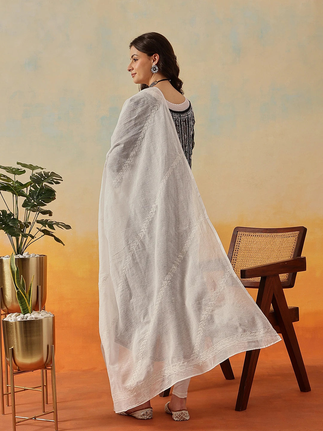 Ada Hand Embroidered White Kota Lucknowi Chikankari Dupatta A511227