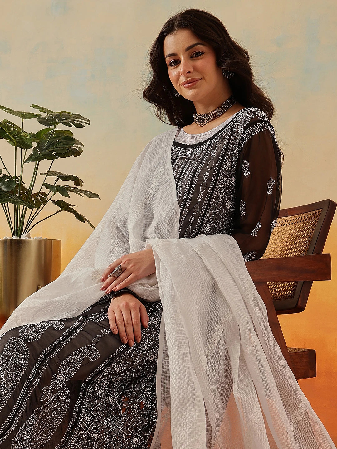 Ada Hand Embroidered White Kota Lucknowi Chikankari Dupatta A511227