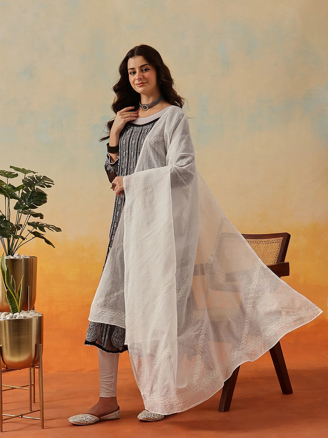 Ada Hand Embroidered White Kota Lucknowi Chikankari Dupatta A511227