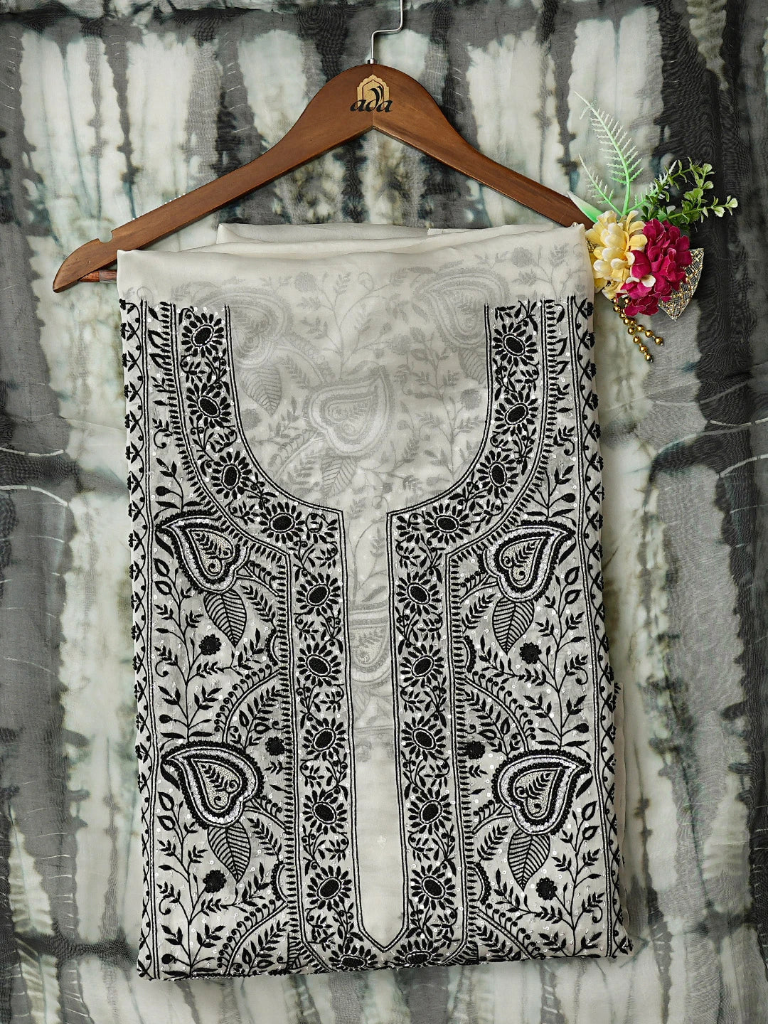 Ada Hand Embroidered White Organza Lucknowi Chikankari Unstitched Kurta Dupatta Set With Cutdana Work 01A741018