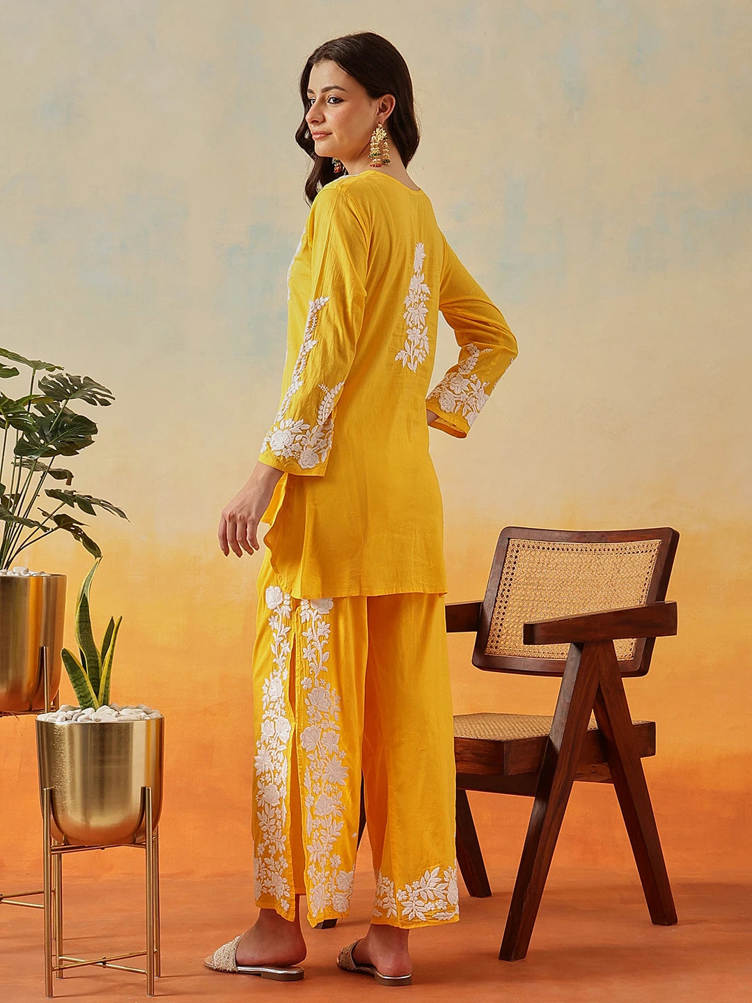 Ada Hand Embroidered Yellow Cotton Lucknowi Chikankari Co-Ord Set A811343
