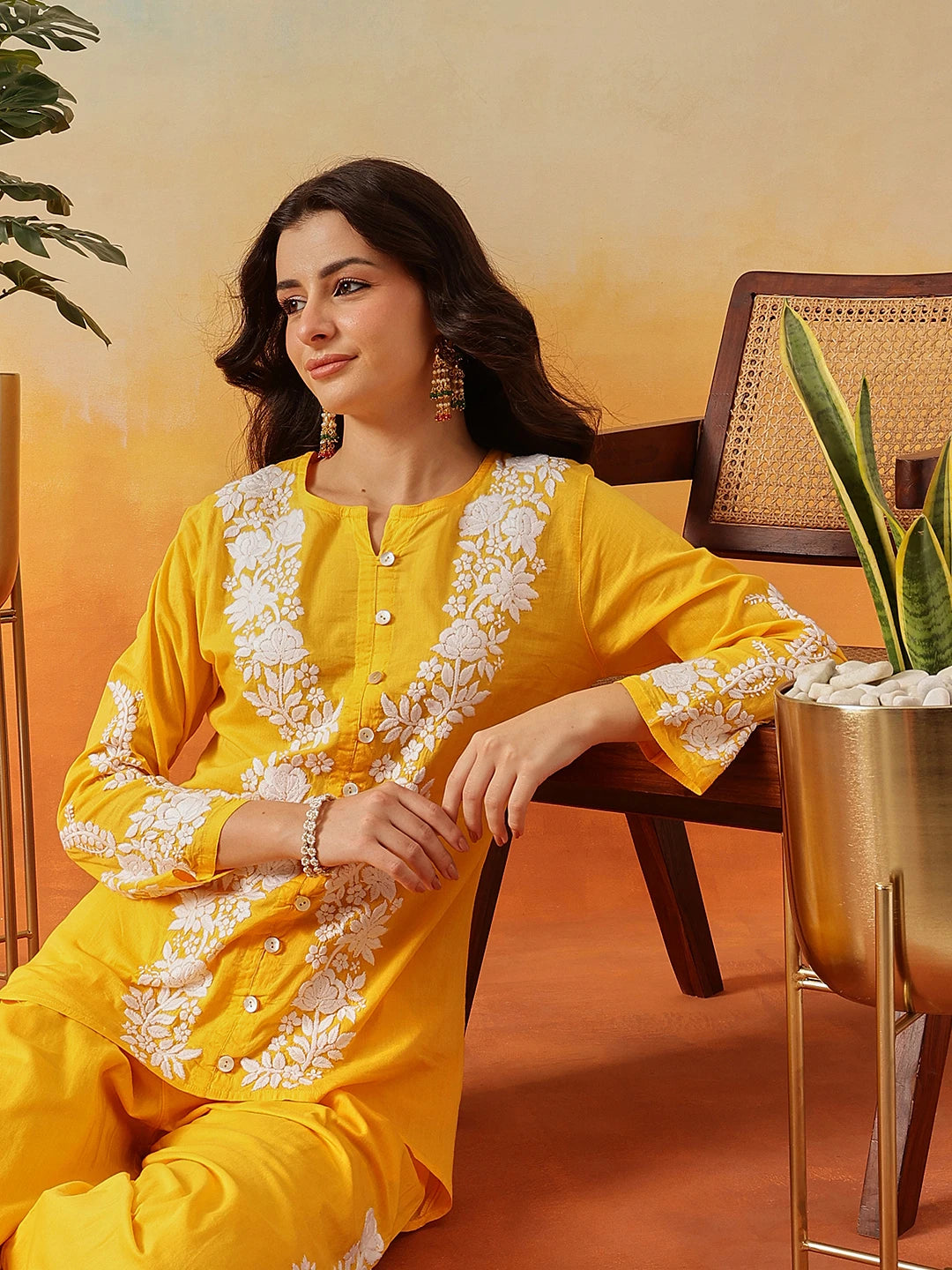 Ada Hand Embroidered Yellow Cotton Lucknowi Chikankari Co-Ord Set A811343
