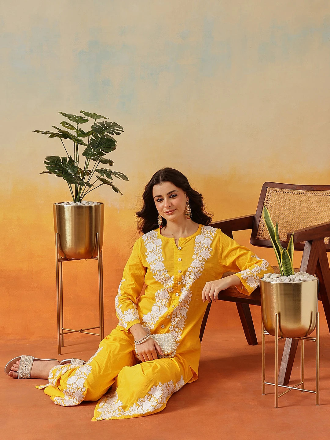 Ada Hand Embroidered Yellow Cotton Lucknowi Chikankari Co-Ord Set A811343